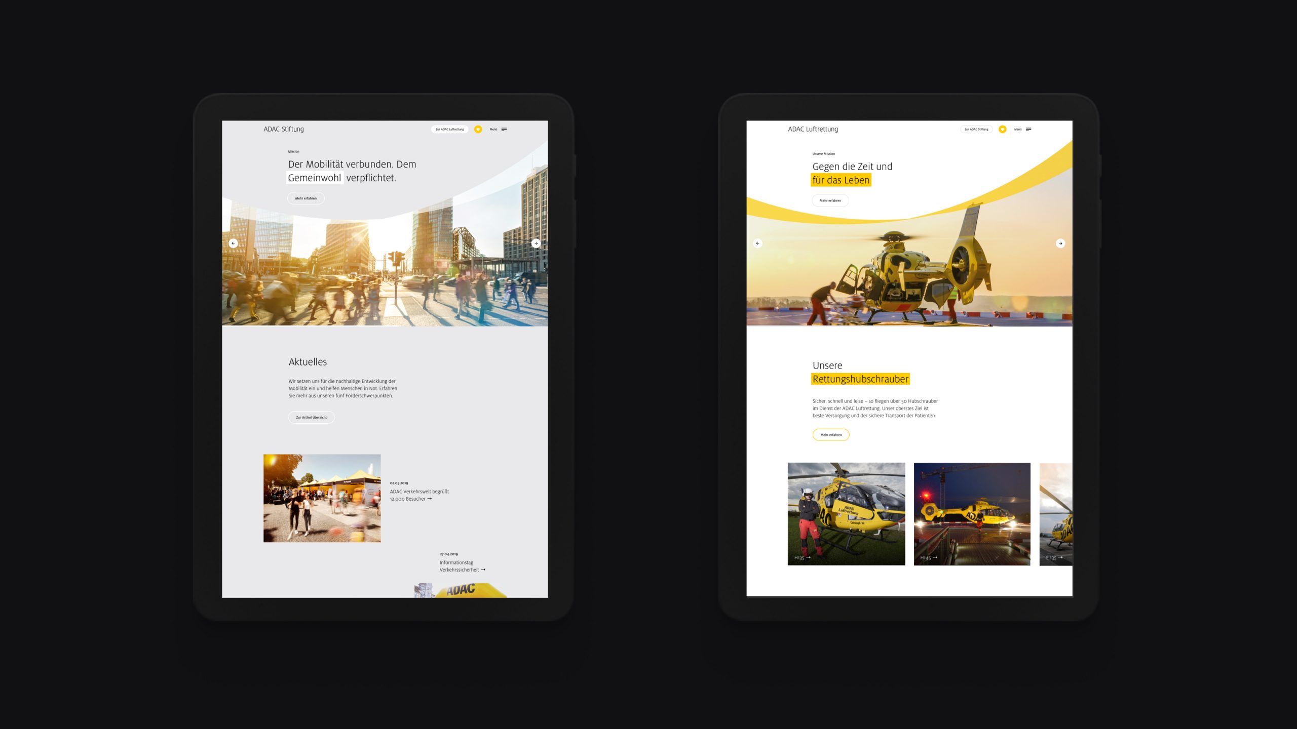 Mockups mit der ADAC Luftrettung und der ADAC Stiftung Homepage für ADAC Kommunikationskampagne