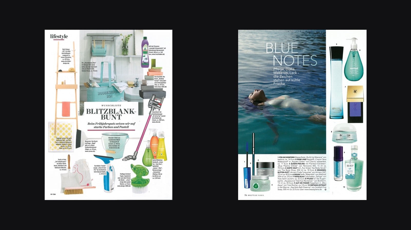 Magazin-Artikel welcher verschiedene Putz-Utensilien und Parfum zeigt für die method PR-Kampagne