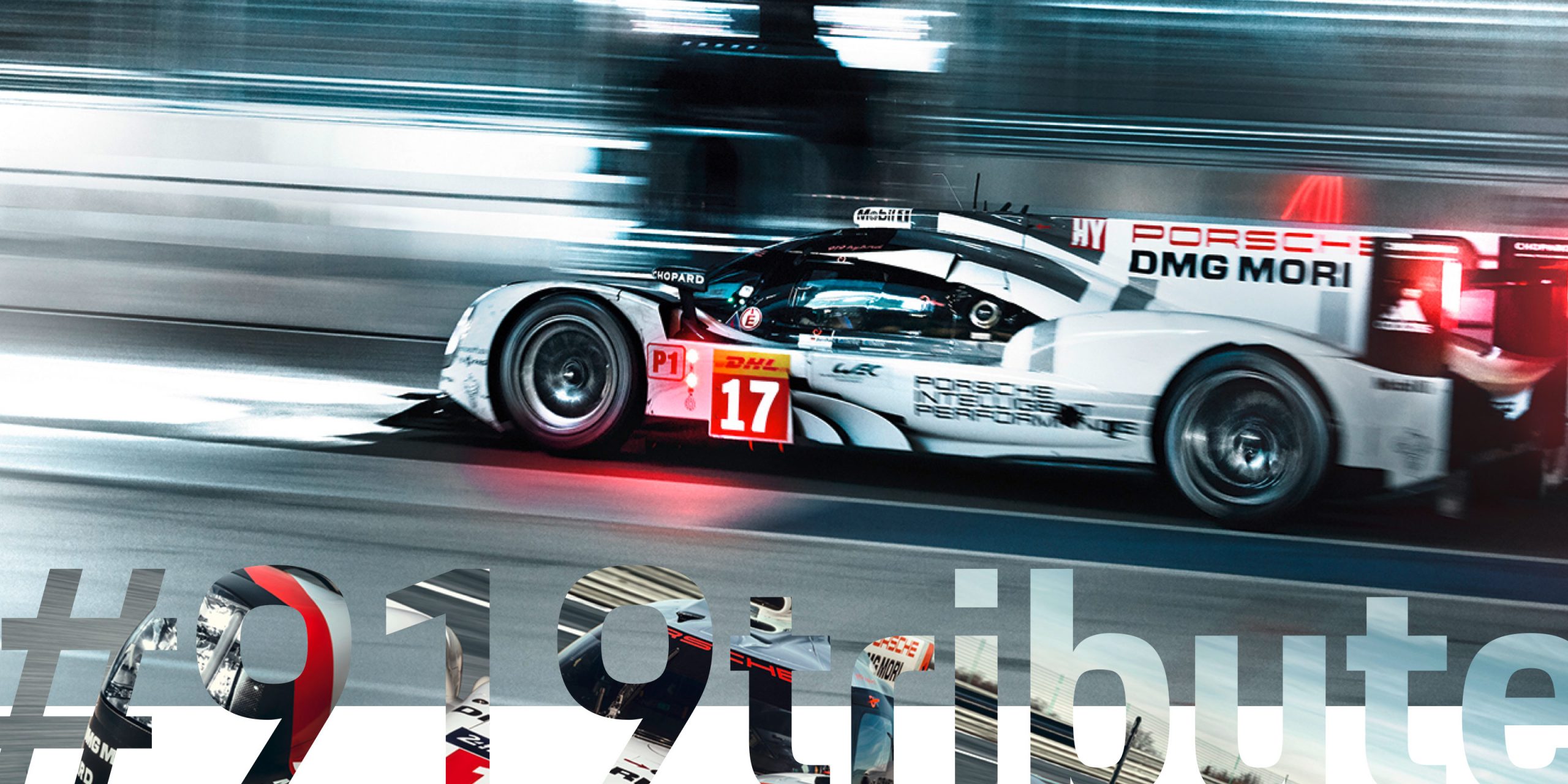 Fahrender Porsche 919 mit Schriftzug auf dem Bild