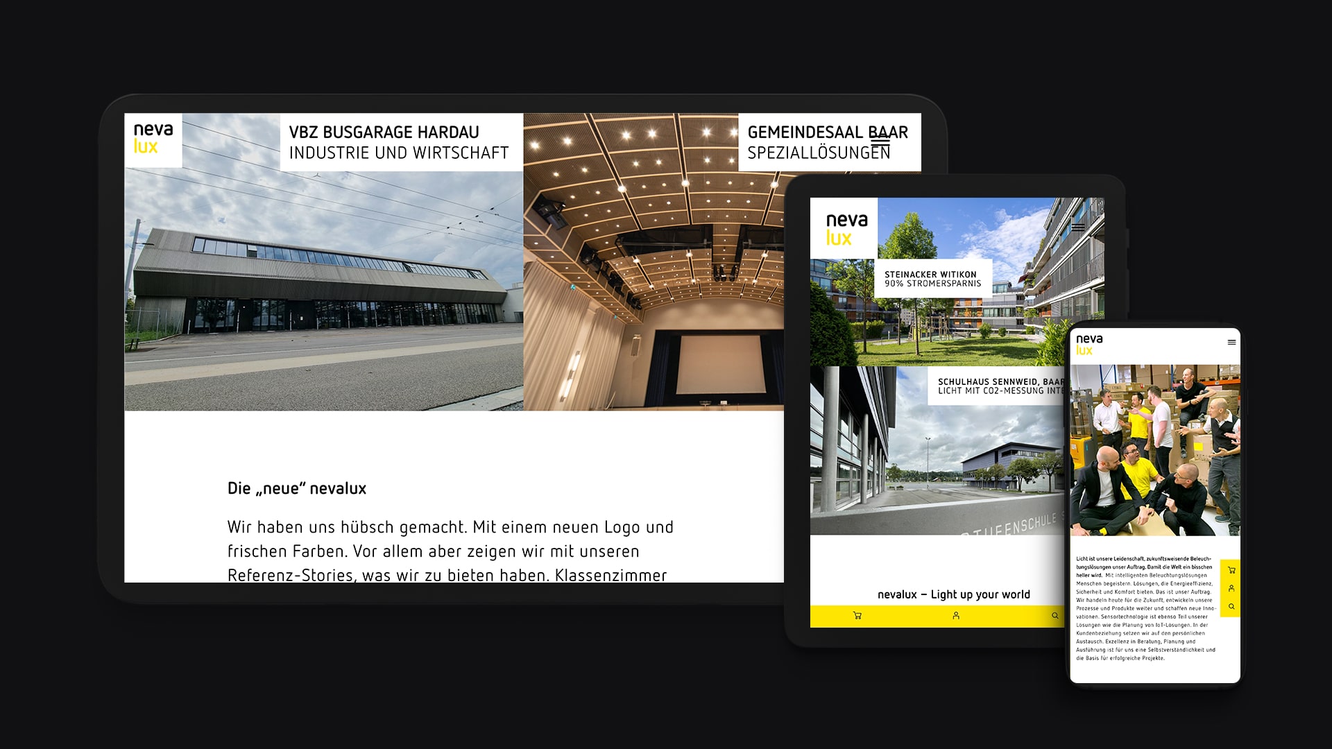Zwei Tablets und ein Smartphone auf denen man Die nevalux Website sehen kann