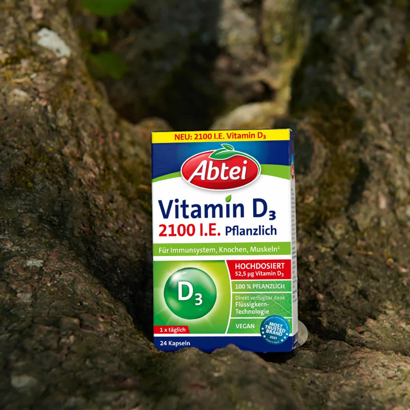 Abtei Produkt Bild Vitamin D3 mit Baumrinde im Hintergrund